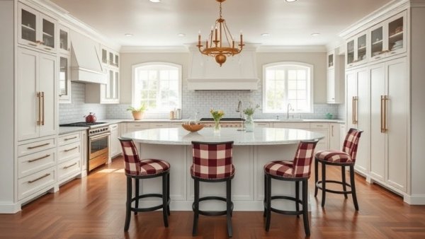 Cape Cod-style kitchen renovation with central island and plaid stools.