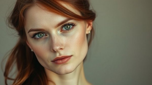 Serene woman with auburn hair and green eyes for March 2026 horoscope.