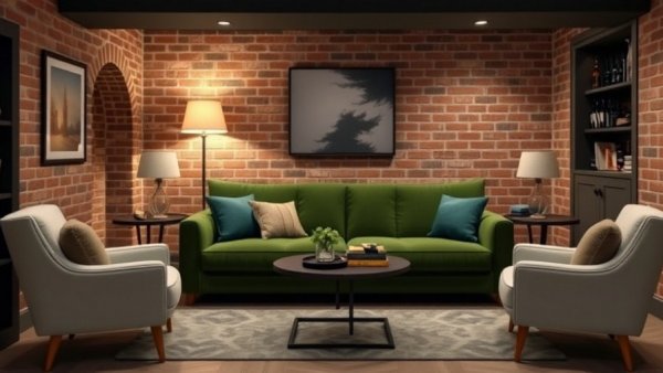 Modern basement lounge remodeling with green sofa and exposed brick.