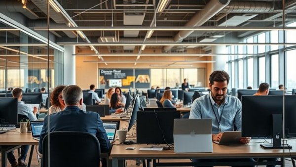 Focused individuals working in a modern coworking space on laptops. Free AI Courses to Start a Business.