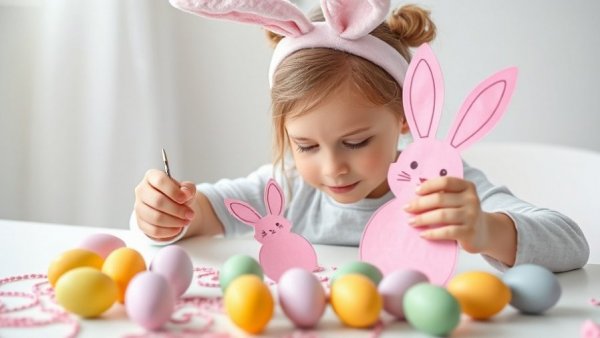 Child making easy Easter crafts with bunny cutouts and pastel eggs.