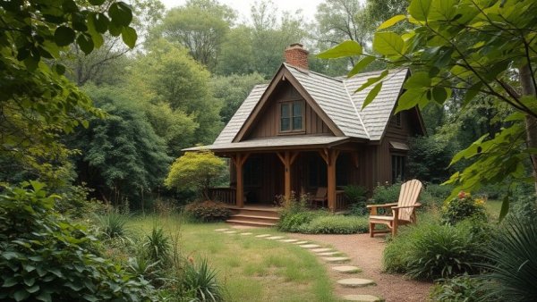 Riverside landscape design with rustic house and lush garden.