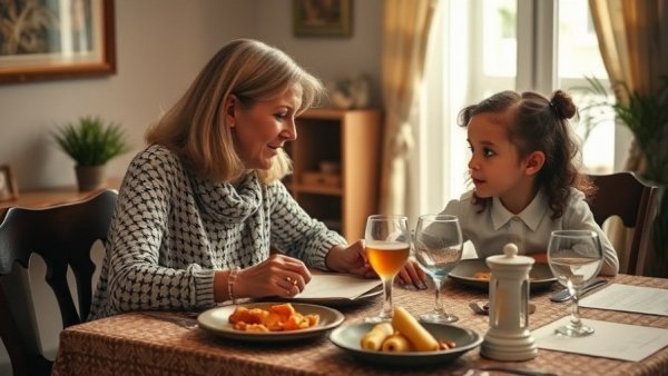 Mother and daughter enjoying Passover activities with Seder plate.