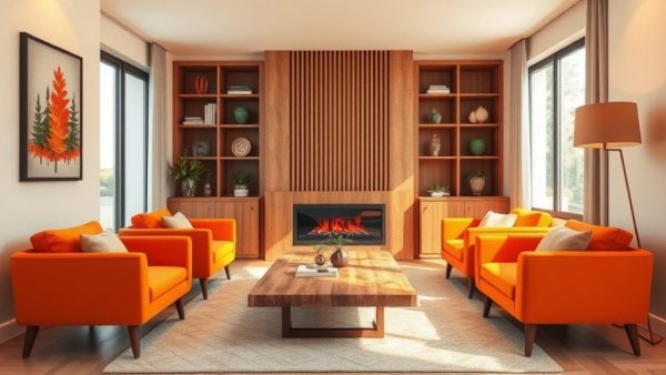 Modern small living room with stylish features for comfort and warmth.