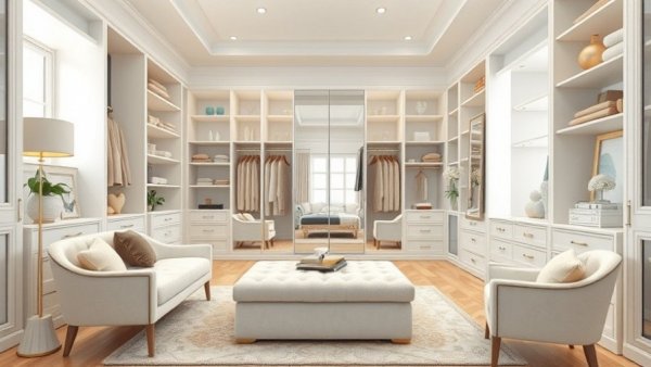 Bright modern walk-in closet transformation with plush seating.
