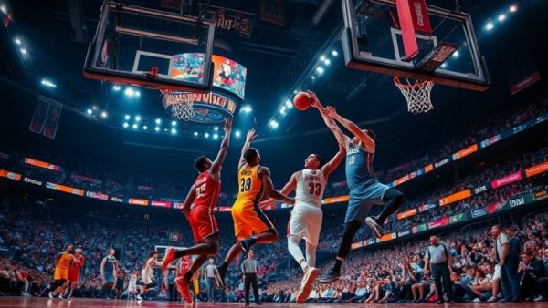 Intense March Madness upsets game action in vibrant stadium.