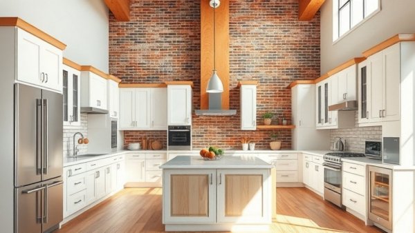 Spacious kitchen with white cabinets and wooden accents in organic renovation.