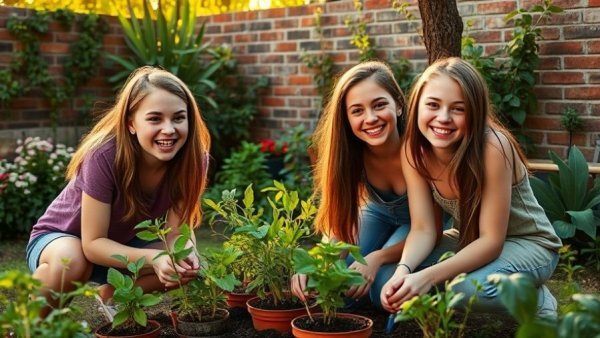 Teens enjoy gardening during spring activities in a sunny backyard.