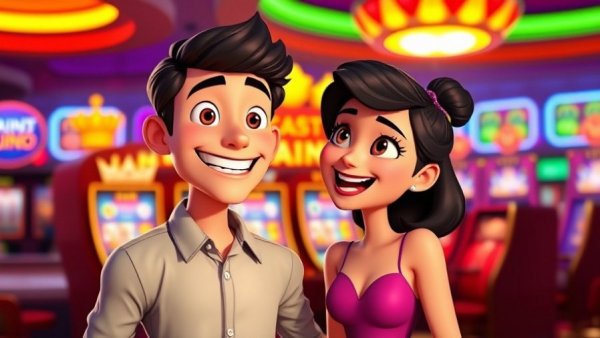 Excited cartoon characters in a casino promotion.
