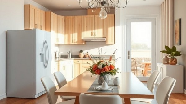 Bright kitchen makeover with light wood cabinets and dining table.