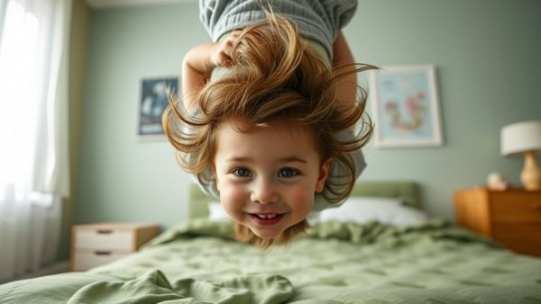 Child playfully hanging upside down on bed showing concerning child behavior.