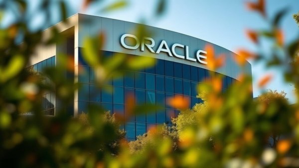 Oracle logo on building amidst trees, representing job cuts despite profits.