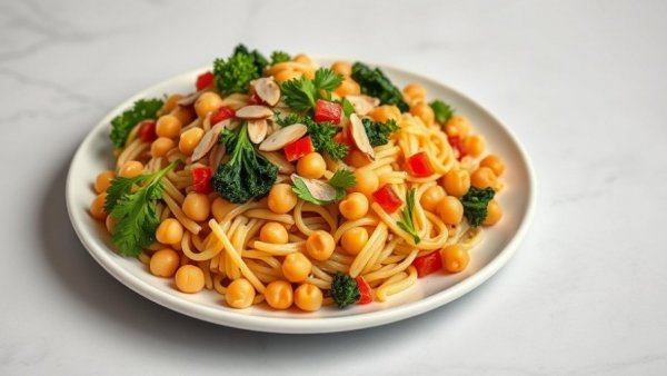 Pasta e Ceci Salad with chickpeas, orzo, and kale on a plate.