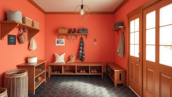 Coral mudroom with black tiled floor, enhancing home joy.
