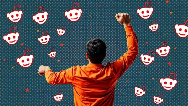 Collage with person and Reddit logos, bright dots background