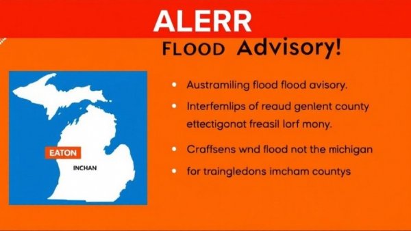 Flood advisory notice for Eaton and Ingham counties with Michigan map.