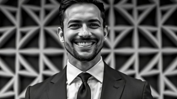 Elegant man in tuxedo smiling against geometric pattern