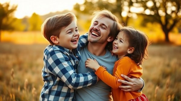 Geriatric Millennial Parent laughing with children in a field.