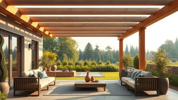 Outdoor living trends 2026: Modern outdoor living space with pergola.