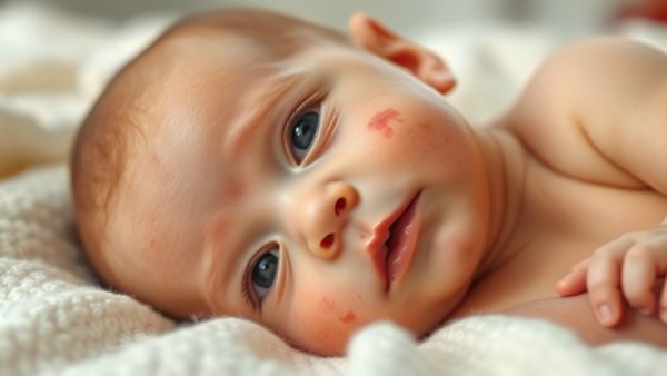 Close-up of a baby with facial rash lying on a white blanket for article on handling rashes in children.