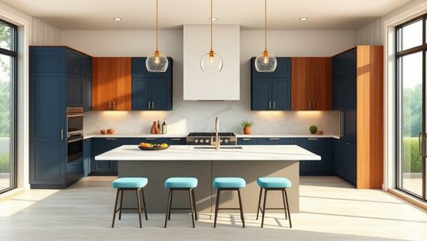 Trendy kitchen design 2026 with navy cabinets and wooden accents.