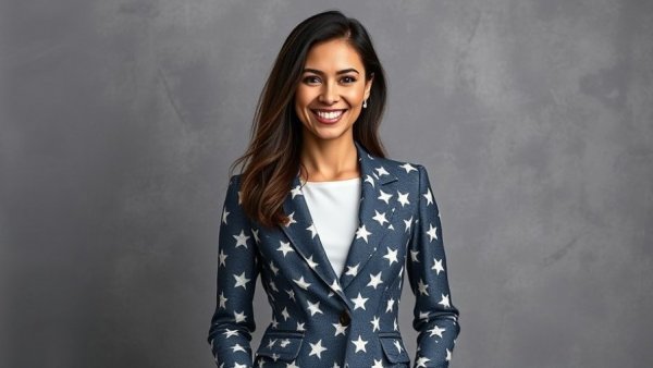 Smiling woman with star-patterned blazer, confident expression.