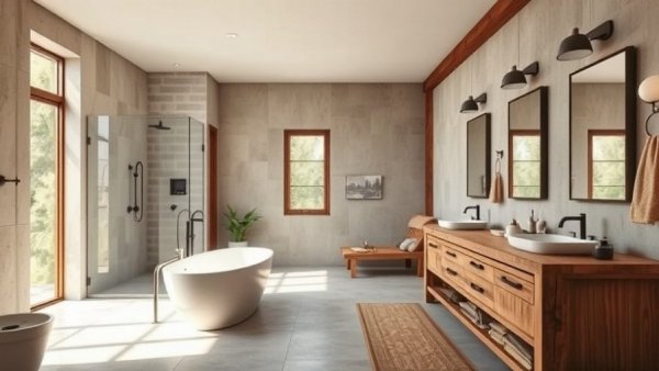 Modern rustic bathroom design with a bathtub and wooden vanity.