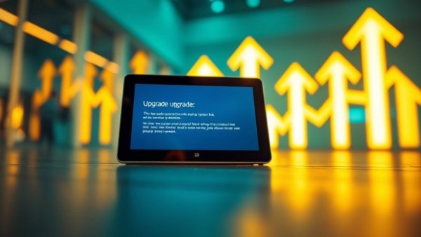 Windows tablet showing upgrade with vibrant arrows indicating free upgrade for Windows PCs.