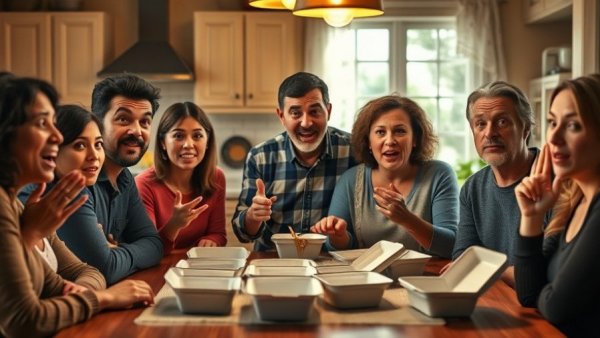 Surprised group dining, scene reminiscent of 'Malcolm in the Middle' table moments.