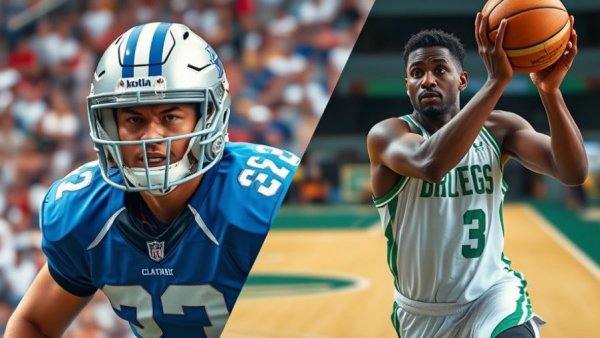Sports contrast: NFL linebacker and NBA guard action shots.