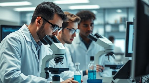 Scientists using AI for drug discovery in a modern lab.