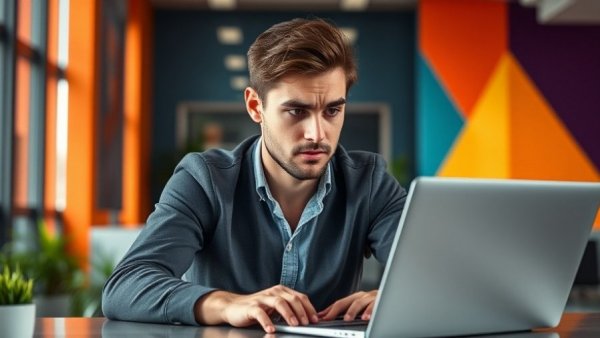 Combat ad fatigue: Young professional looks frustrated at laptop in office.
