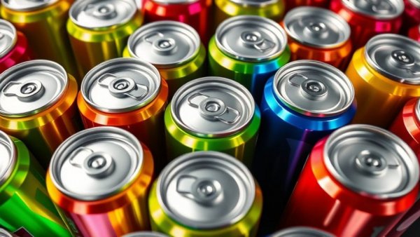 Colorful energy drink cans from above.
