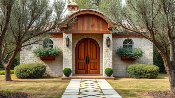 Mediterranean house entrance with olive trees, Malibu kitchen remodel inspiration.