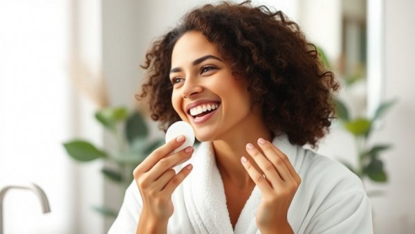Joyful woman using 30-second skincare trick at bathroom counter.
