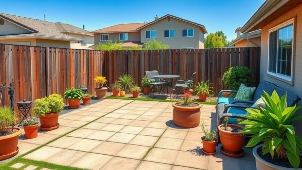 Cleverly zoned outdoor rooms in suburban backyard with potted plants.