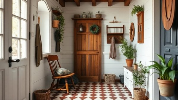 Charming rustic mudroom with wooden chair in popular new entryways design.