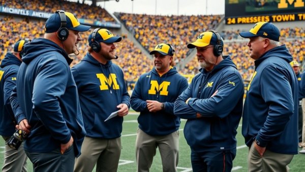 Michigan Wolverines coaches strategizing during game on field.