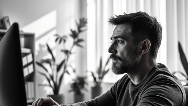 Man using scripted answers during a video job interview in home office.