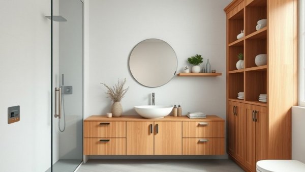 Minimalistic spa-like wet room with wooden accents and natural light.