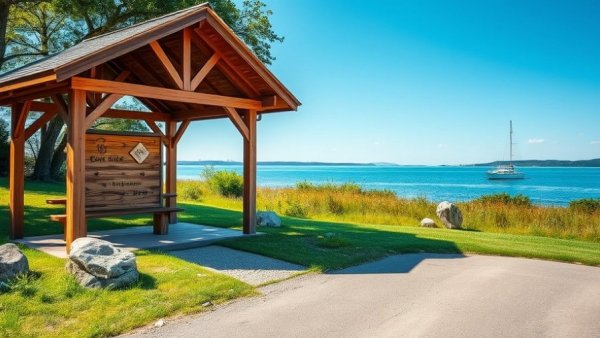 Michigan roadside parks reopening at lake with shelter and sign