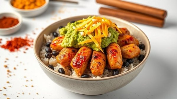 Chipotle Honey Chicken bowl with guacamole and honey sauce.