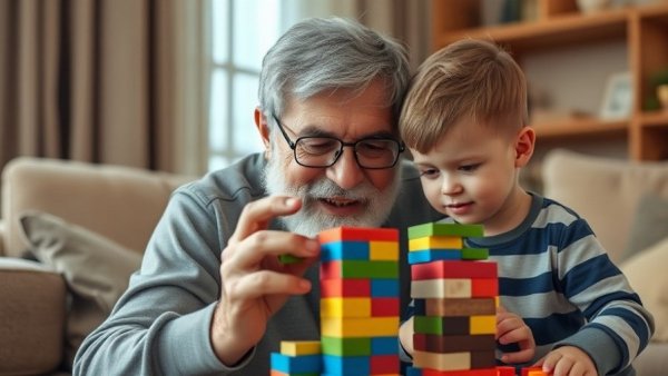 Older dads bonding with child using colorful blocks at home.