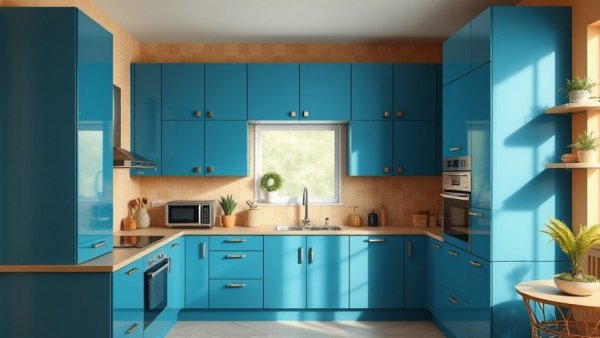 Modern kitchen transformation with blue cabinets and sleek design.
