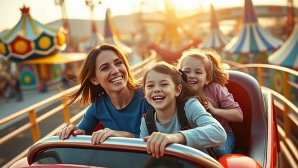 Family on roller coaster, capturing memories, amusement park fun.