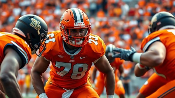 College football player in orange gear preparing for action, Detroit Lions select Blake Miller.