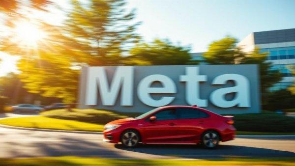 Red car driving past the Meta headquarters sign amidst greenery.