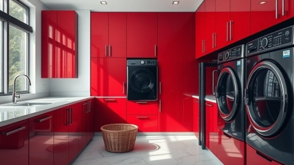 Modern laundry room with red cabinets and black washers.