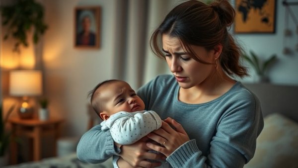 Worried mother holding crying baby showing scary baby symptoms.