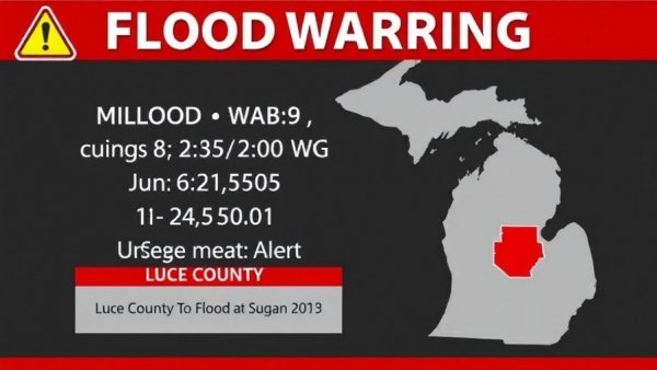 Flood Warning Luce County alert with map and details.